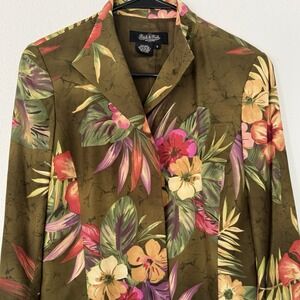 Peck & Peck Collection Women's 8 Olive Green Floral Blazer Silk Cotton Blend‎